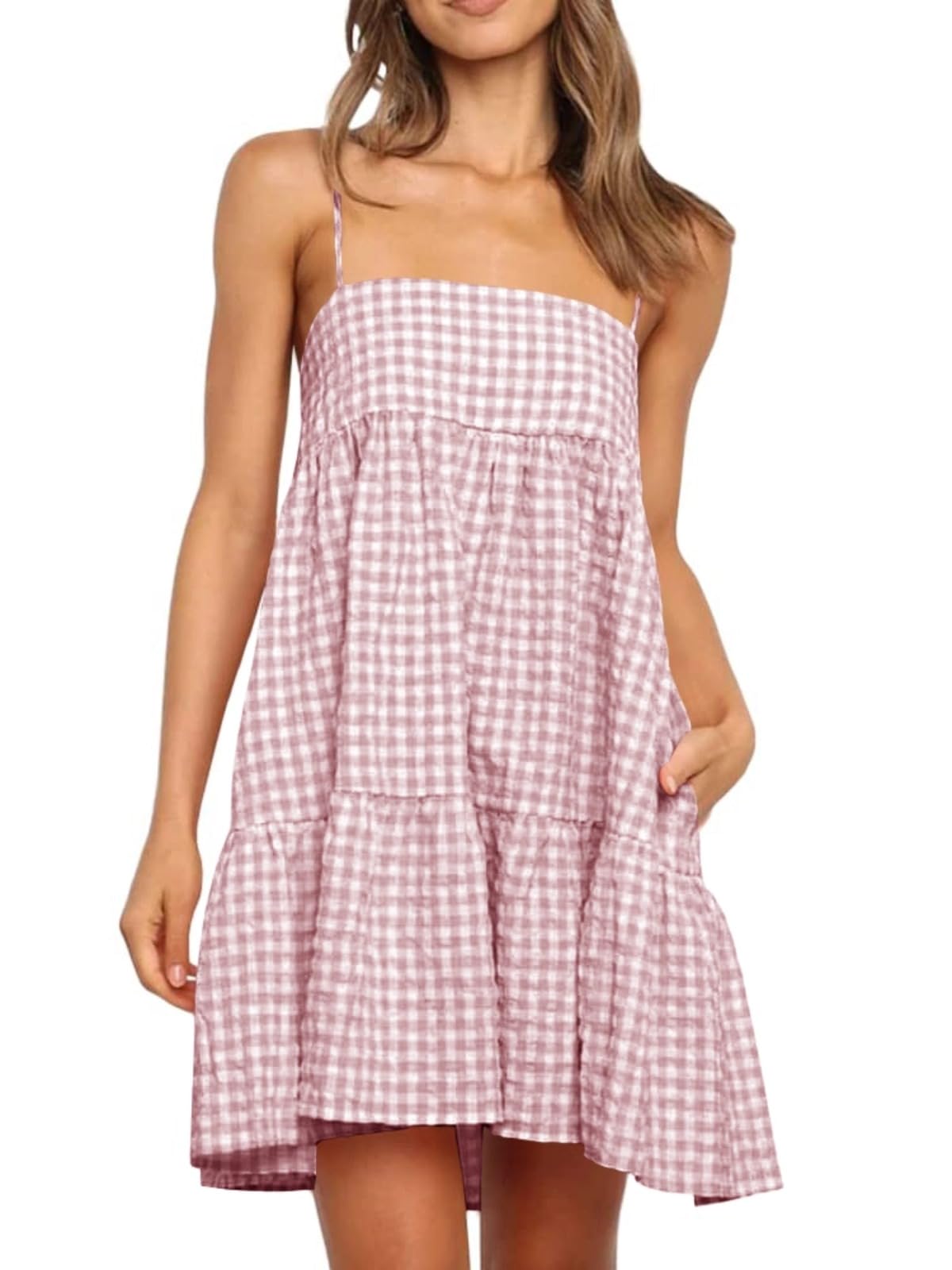 Womens Summer Plaid A-line Sleeveless Casual Flowy Mini Sundress
