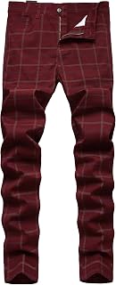 Keevoom Plaid Pants for Men Stretch Skinny Slim Fit Flat-Front Casual Fashion Comfy Solid Pencil Business Dress Chinos Pants
