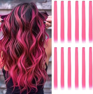 12 Pcs Hot Pink colored hair clip in extensions for Kids Girls and Gift | 22 Inch Straight colorful and beautiful clip in hair extensions for Highlight Party (Hot Pink,36)
