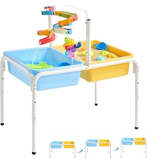 FUNLIO Sand and Water Table, 3 - Level Height Adjustable for Kids 3-6 Years, 4 in 1 Kids Sensory Table with 2 Storage Bins, Acrylic Board, Slide Track Toy, Windmill Toy & Beach Accessories