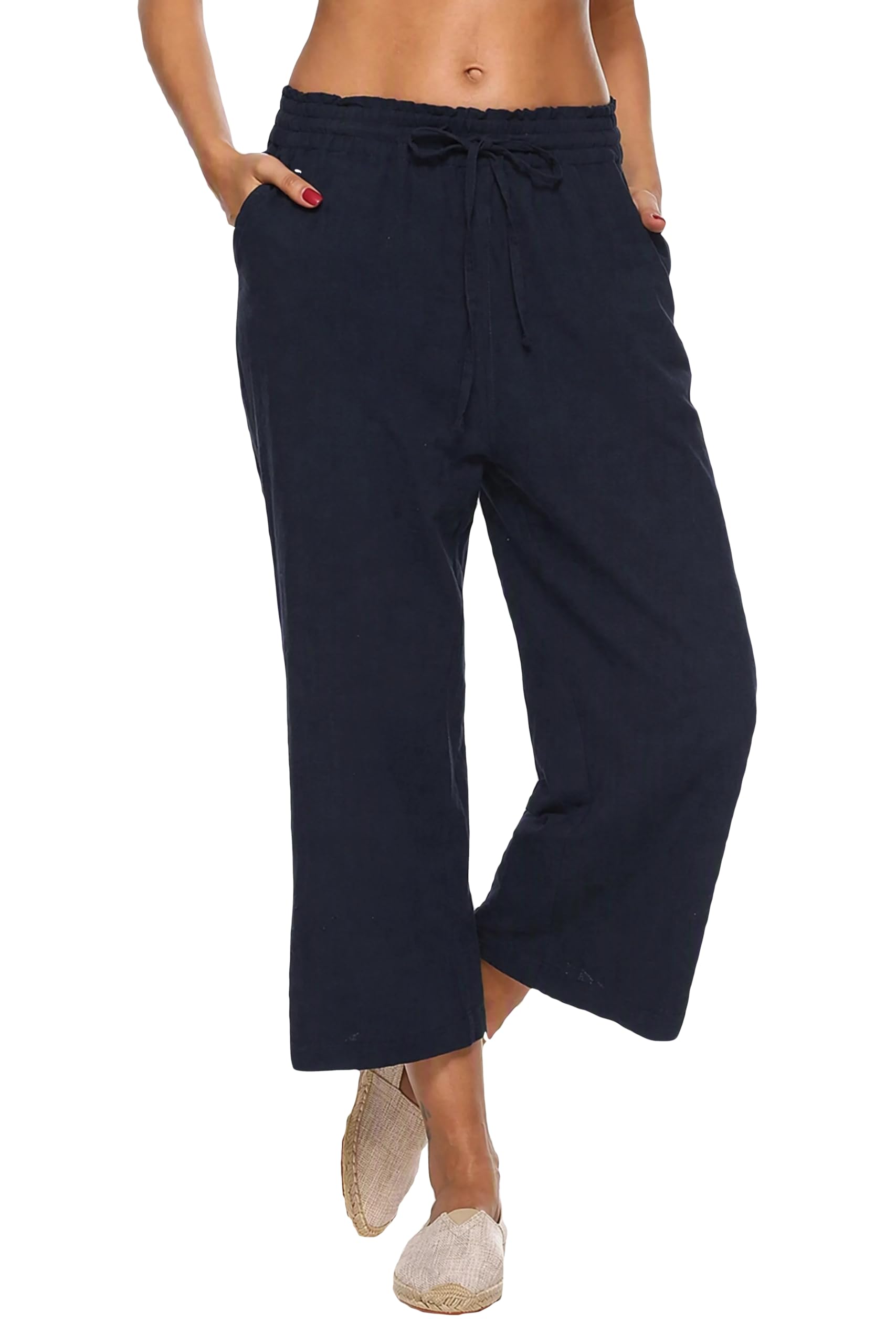 LNX Women's Linen Pants Wide Leg High Waisted Capri Pants with Pockets