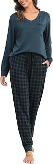 Sopesil Women's Long Checked Pyjama Sets Long Sleeve Soft Pyjamas Winter Two Piece Sleepwear with Pockets S-XXL