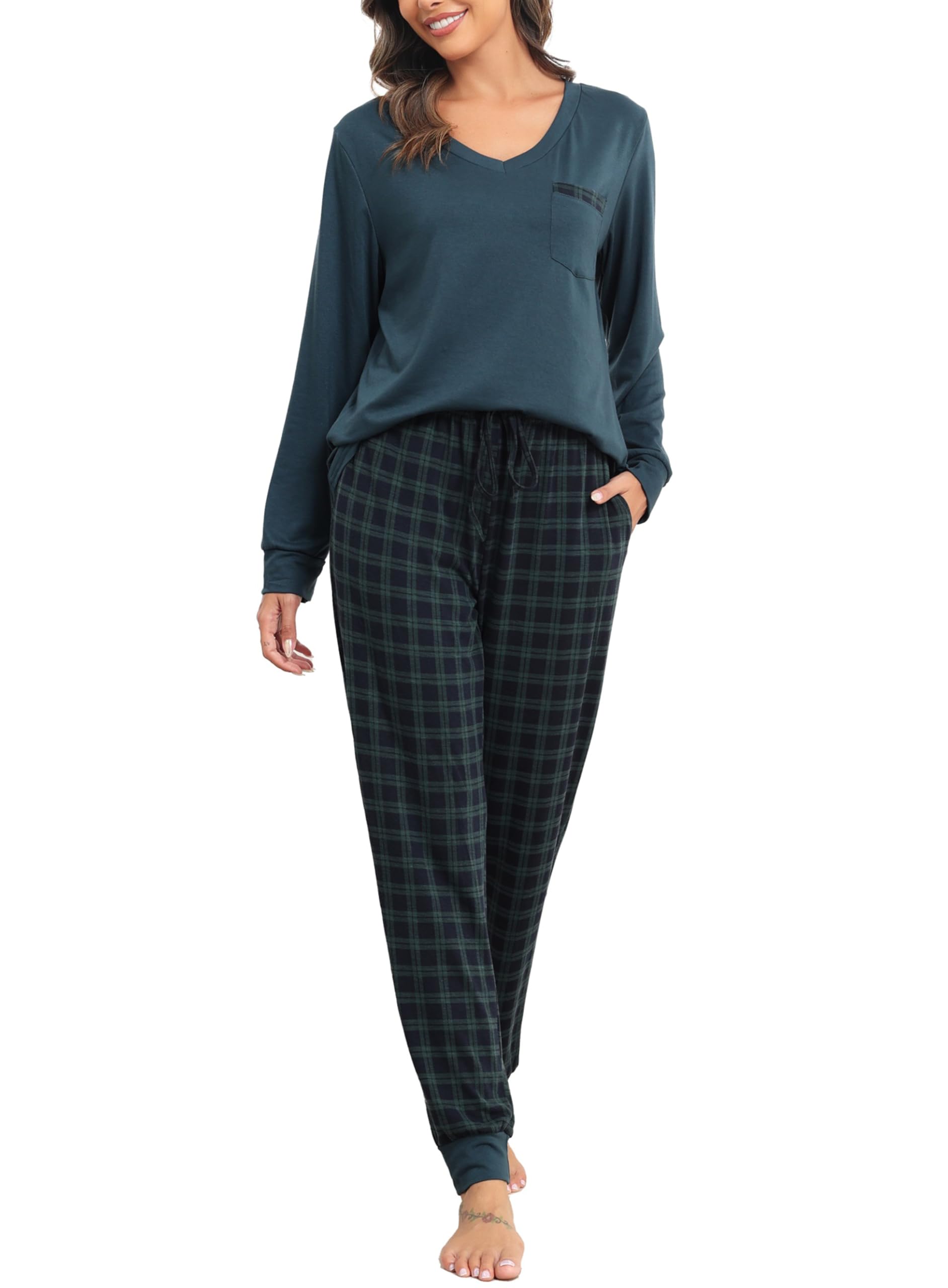 Sopesil Women's Long Checked Pyjama Sets Long Sleeve Soft Pyjamas Winter Two Pie