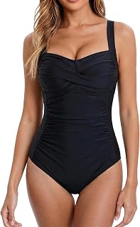 Fiohiros Womens Tummy Control Swimsuit, Swimming Costumes One Piece Swimsuit for Women, Retro Ruched Detachable Chest Padded Swimwear