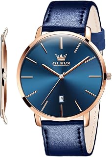 OLEVS Men Leather Watches Black Ultra Thin 6.5mm Minimalist Dress Fashion Simple Casual Waterproof Date Watch for Men