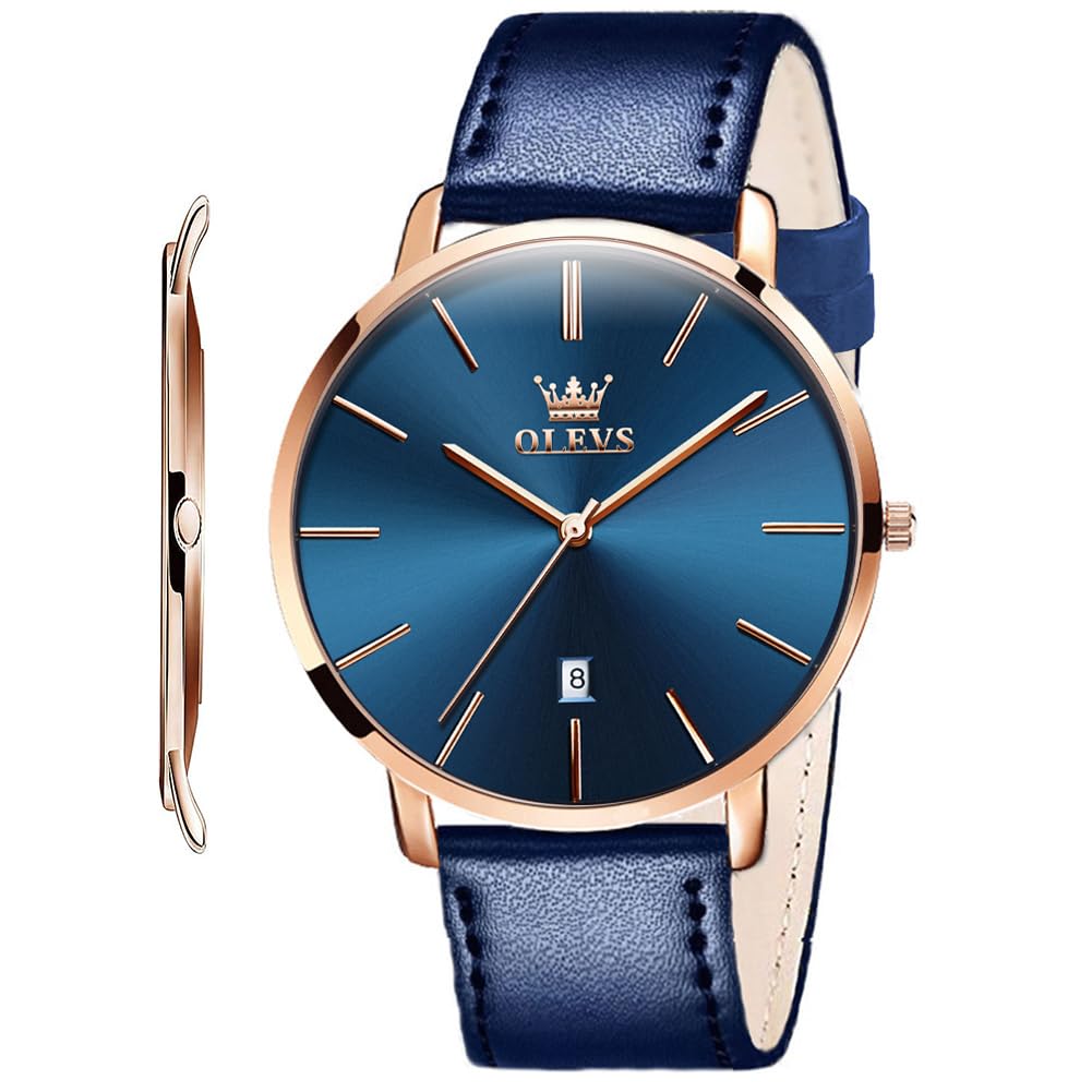 OLEVS Men Leather Watches Black Ultra Thin 6.5mm Minimalist Dress Fashion Simple