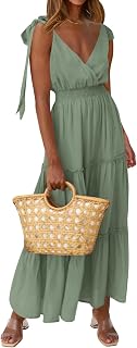 PRETTYGARDEN Women Summer Maxi Dress Cross Neckline Sleeveless Flounce Tied Smocked Long Pleated Maxi Dress Sage Green S