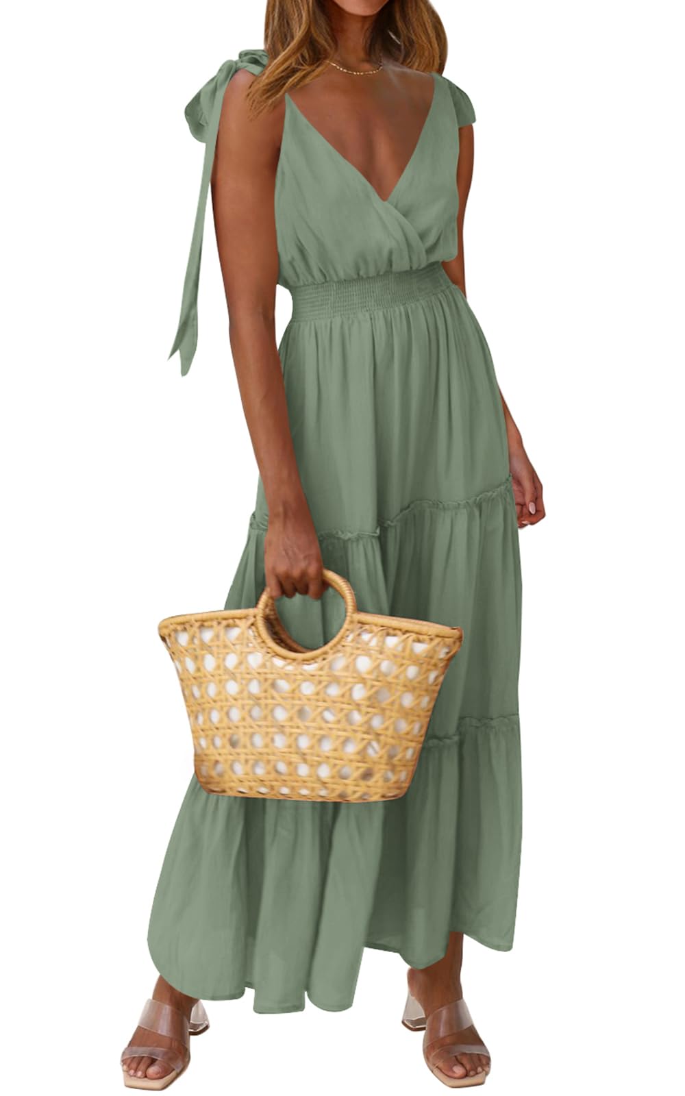PRETTYGARDEN Women Summer Maxi Dress Cross Neckline Sleeveless Flounce Tied Smoc
