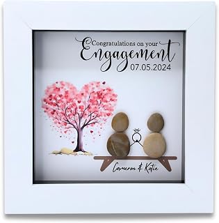 Personalised Engagement Pebble Art Picture - Handmade Engagement Gifts and Presents for Couples, Unique and Beautiful Keepsake Frame to Commemorate Your Fiances Special Day (Love Heart Tree)