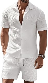 Men's 2 piece jacquard set with short sleeve button down shirt and drawstring shorts for casual and holiday wear