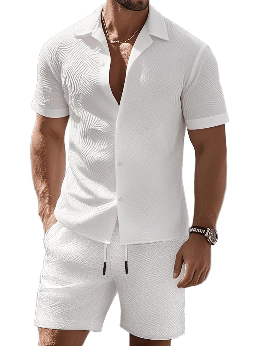 Men's 2 piece jacquard set with short sleeve button down shirt and drawstring sh