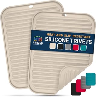 Silicone Trivets for Hot Pans and Pots (2 Pack) - Multipurpose Silicone Heat Resistant Mat and Pot Holder Trivet (30 x 23cm) - Heatproof Mats for Kitchen by Linda's Essentials (Beige)