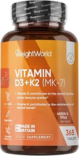 Vitamin D3 4000IU & K2 125μg (MK7) - 365 VIT D Tablets - 1 Year Supply | Easy to Swallow Vit D (6mm in Size) - 1 per Day - Cholecalciferol Form - Vitamin D3 K2 Supplements - Made in the UK