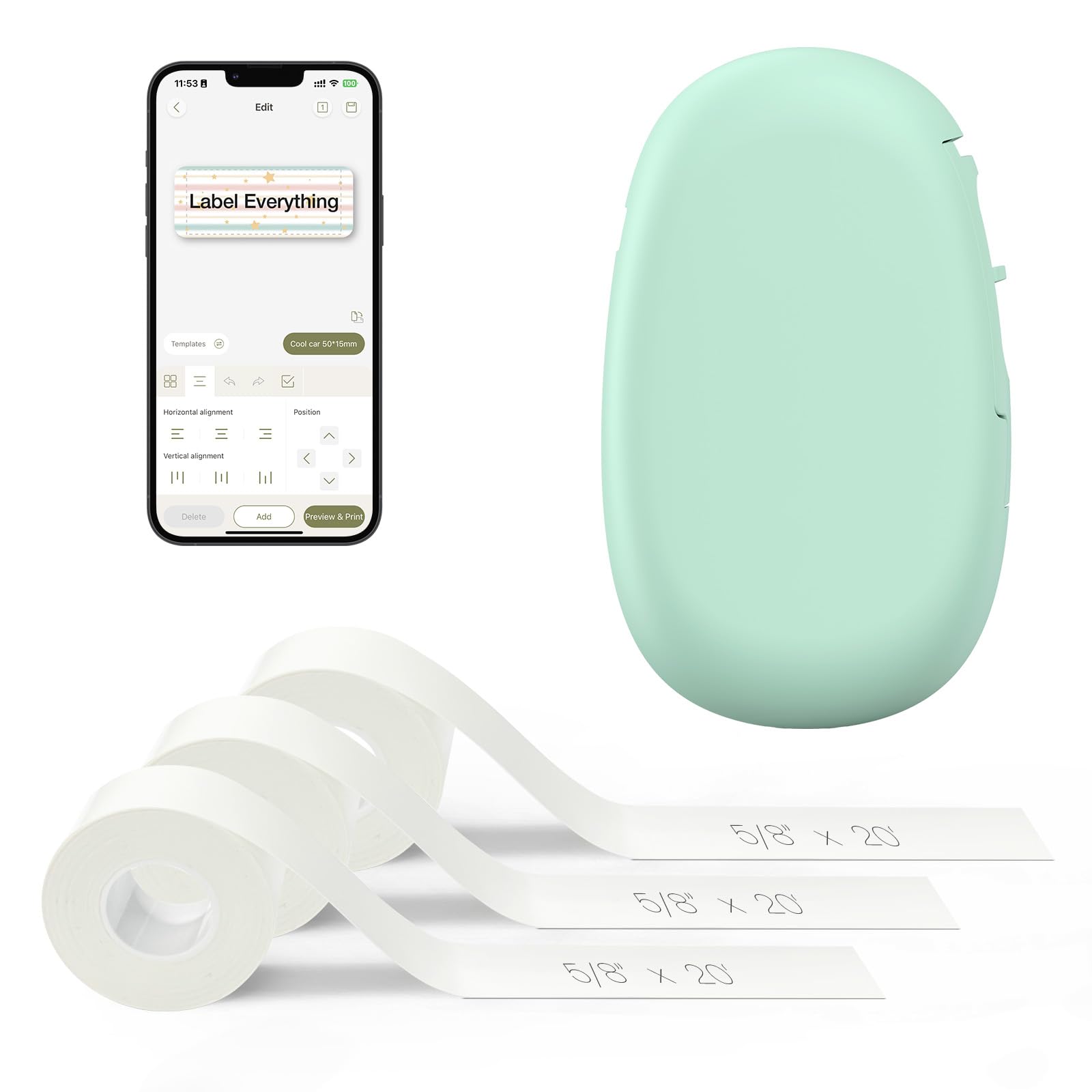 SUPVAN E10 Bluetooth Label Maker Machine with 3 Tapes, Green Bundle | Fits Conti