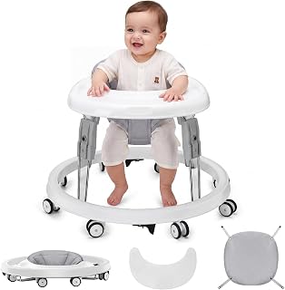 Baby Walker with Wheels, One-Touch Folding, Height Adjustment Baby Walkers | Large Dinner Plate, Brake, Walker for Baby Boy Girls 6-18 Months, Gray