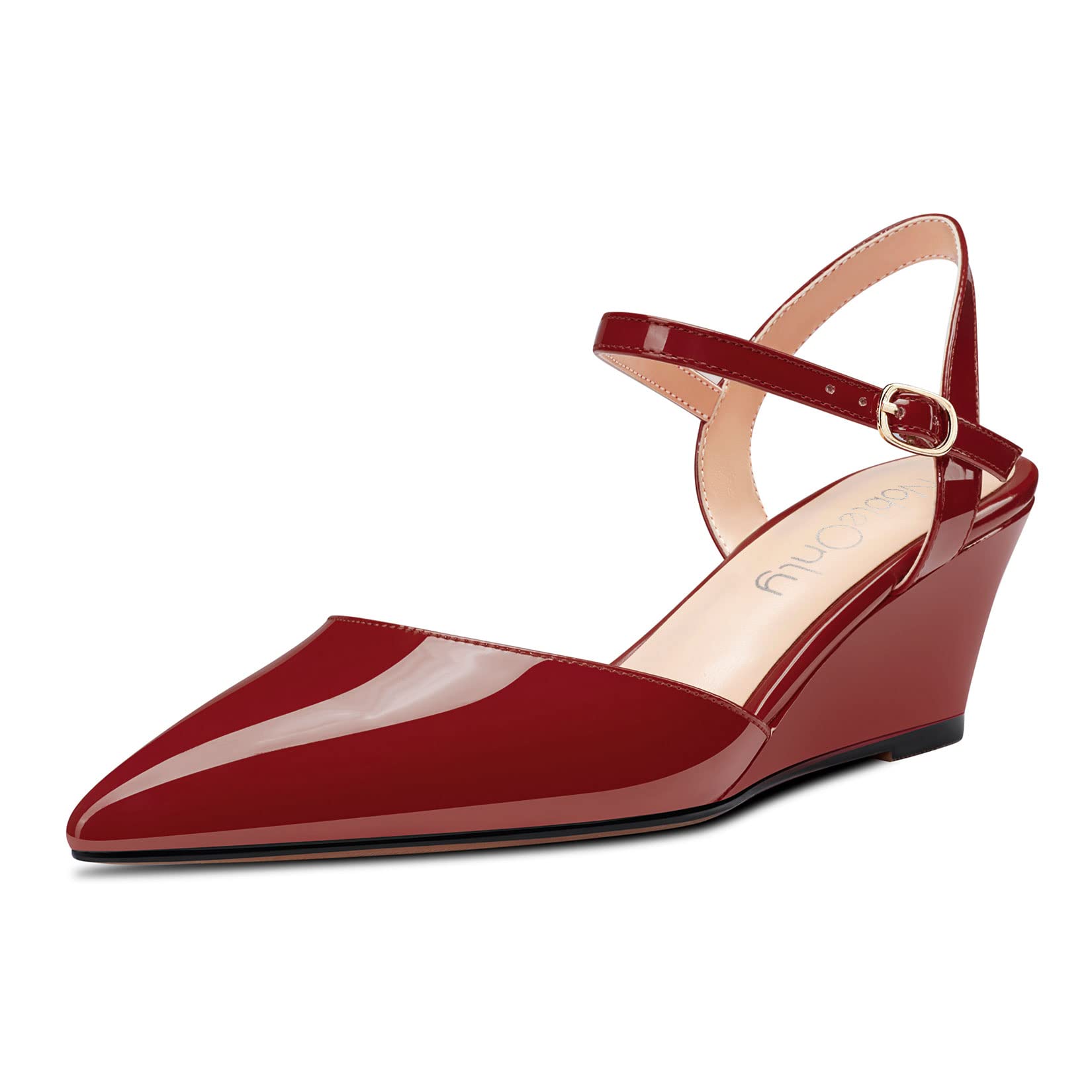 NobleOnly Women's Low Wedge Heel Lace Toe Cap Ankle Strap Pumps Slingback Classi