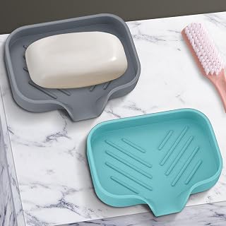Generic 2 Pack Soap Dish, Premium Silicone Soap Dishes, Rectangle Oval Soap Dishes, Easy to Clean Soap Dish for Shower, Bathroom, Kitchen, Bathtub - Teal and Grey