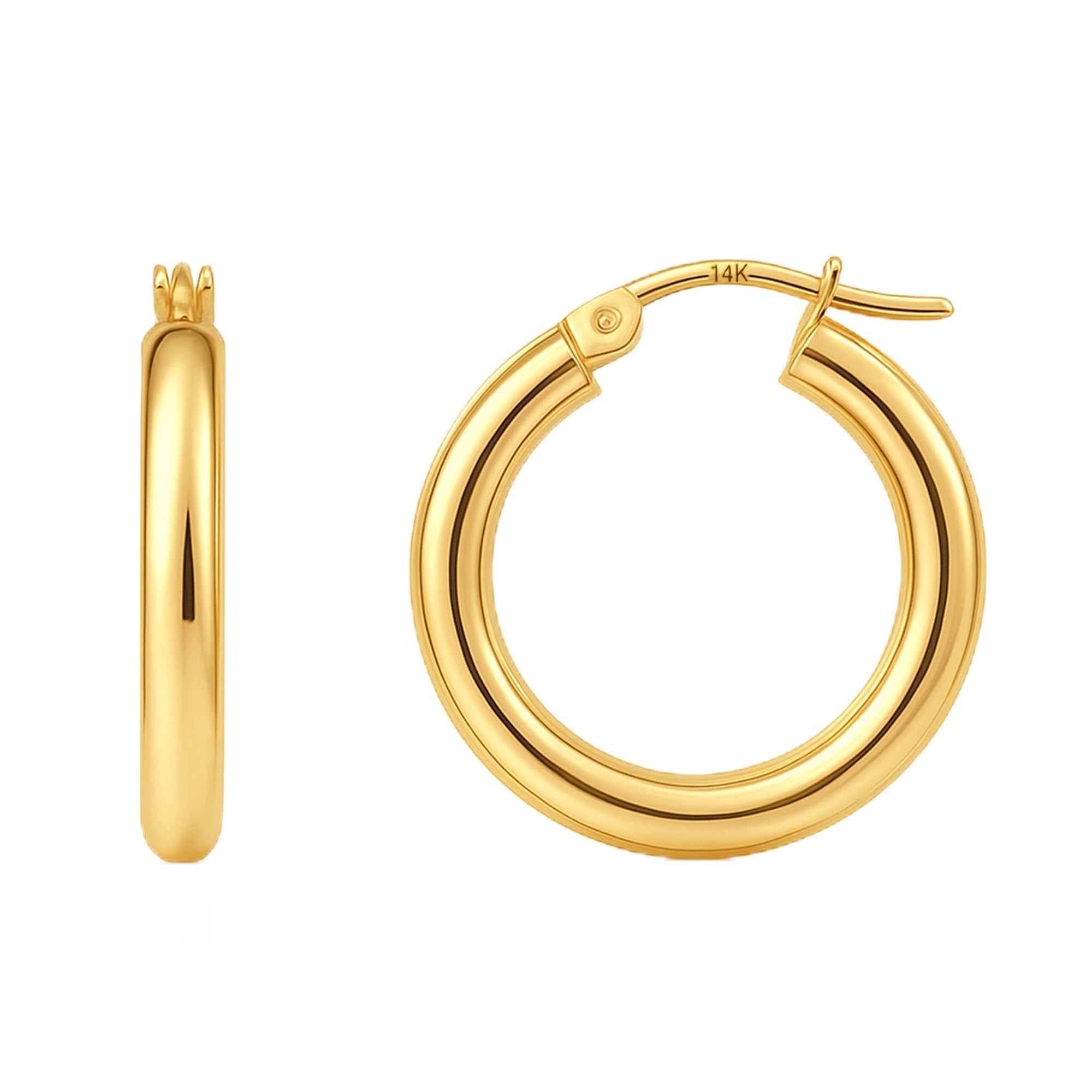 10K or 14K Gold 20MM to 30MM Tube Hoop Earrings for Women