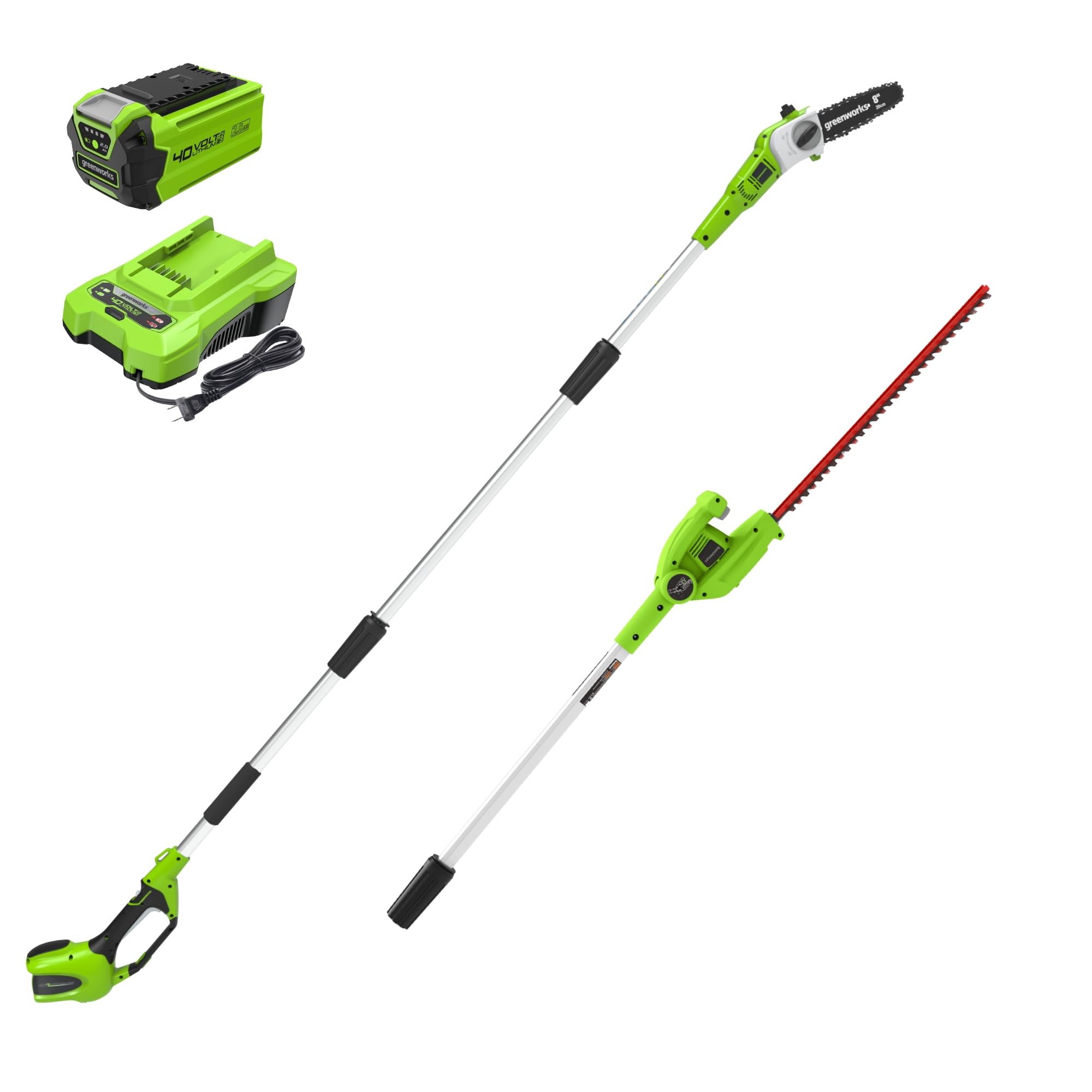 Greenworks 40V 8 in Pole Saw Hedge Trimmer Kit, 2.0 Ah Battery and Charger | Cor
