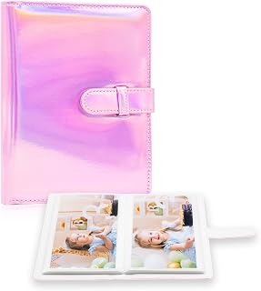 Photo Album 10 x 15 Photos - 68 Pockets Small Mini Capacity Premium Vegan Leather Cover, Portable Wallet Photo Album for Boys Girls Birthday Wedding (Magic Pink)