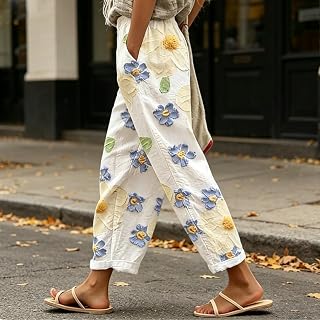 Women Printed Pattern Baggy Pants Summer Casual Imitation Cotton Beach Pants Casual Wide Leg with Pocket