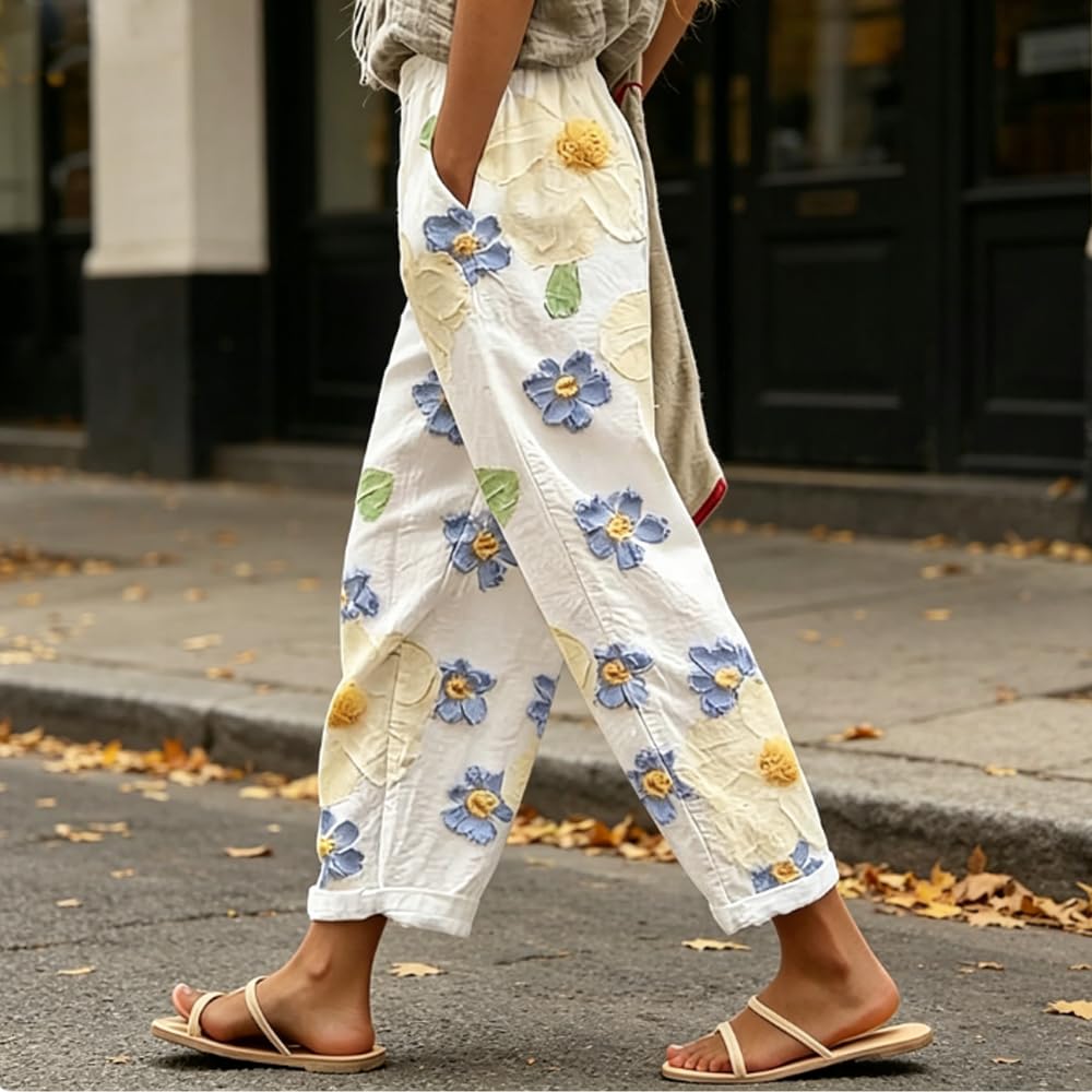 Women Printed Pattern Baggy Pants Summer Casual Imitation Cotton Beach Pants Cas