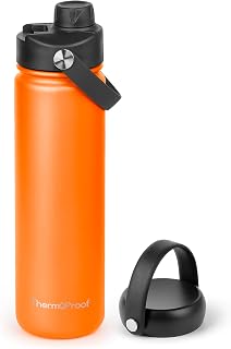 ThermoProof Double-Walled Vacuum Insulated Stainless Steel Water Bottle - Wide Mouth with Chug & Spout Lids, Dishwasher Safe, Reusable, Leakproof, Hot & Cold for Men, Women - 22oz, Sunset Orange