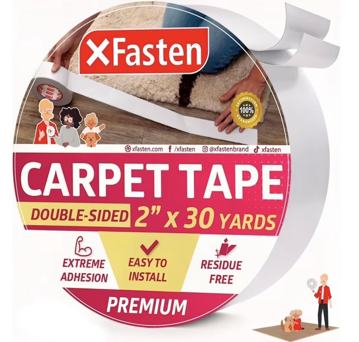 XFasten Double Sided Carpet Tape for Area Rugs 2 Inch x 90 Ft No Residue | Doubl