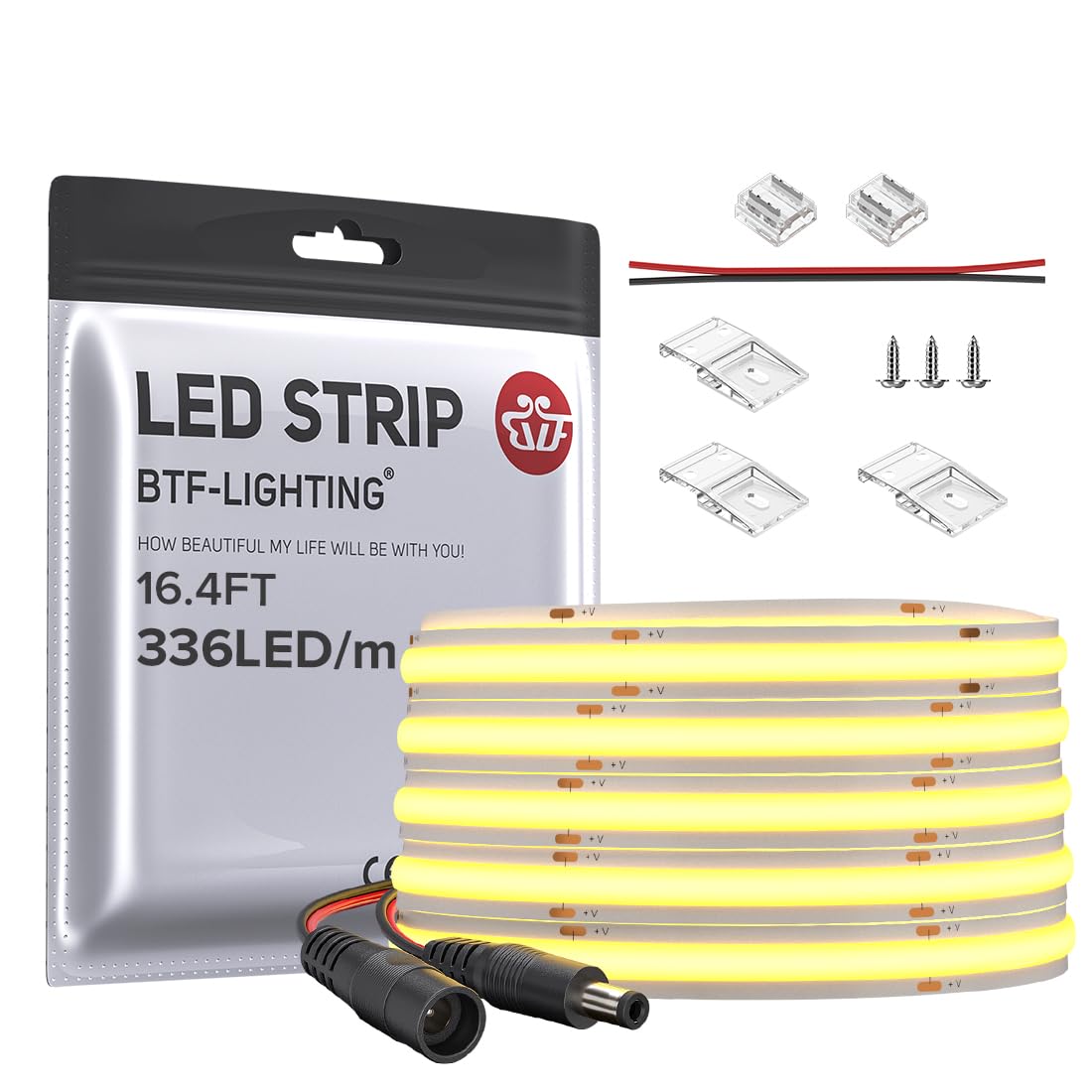 BTF-LIGHTING COB LED Strip Light 5M FCOB 336LEDs/M Flexible Cool White 24V