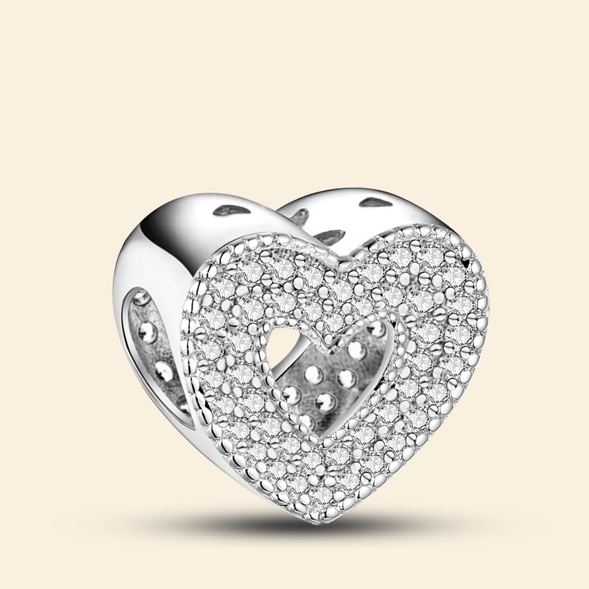 1 abalorio de plata 925 de doble fila con forma de corazón de diamante para muje