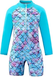 Girls Mermaid Swimsuit Kids One Piece Swimsuit Long Sleeve Quick Dry Swimsuit for Beach Pool 3-14 Years