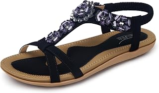 SHIBEVER Women's Sandals Summer Boho Casual Flat Ankle T-Strap Thong Elastic Comfortable Flip Flops Beach Shoes Sandal