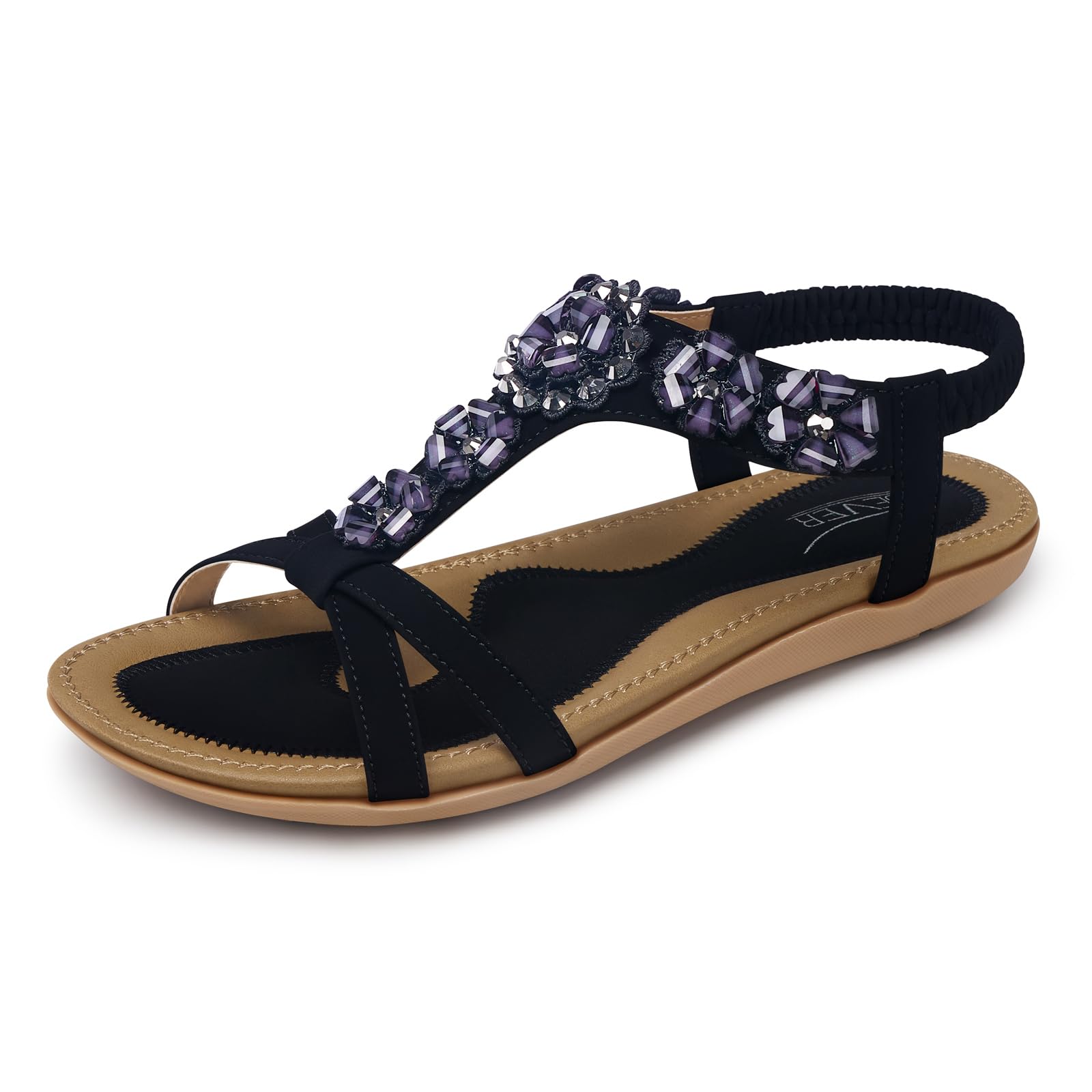 SHIBEVER Women's Sandals Summer Boho Casual Flat Ankle T-Strap Thong Elastic Com