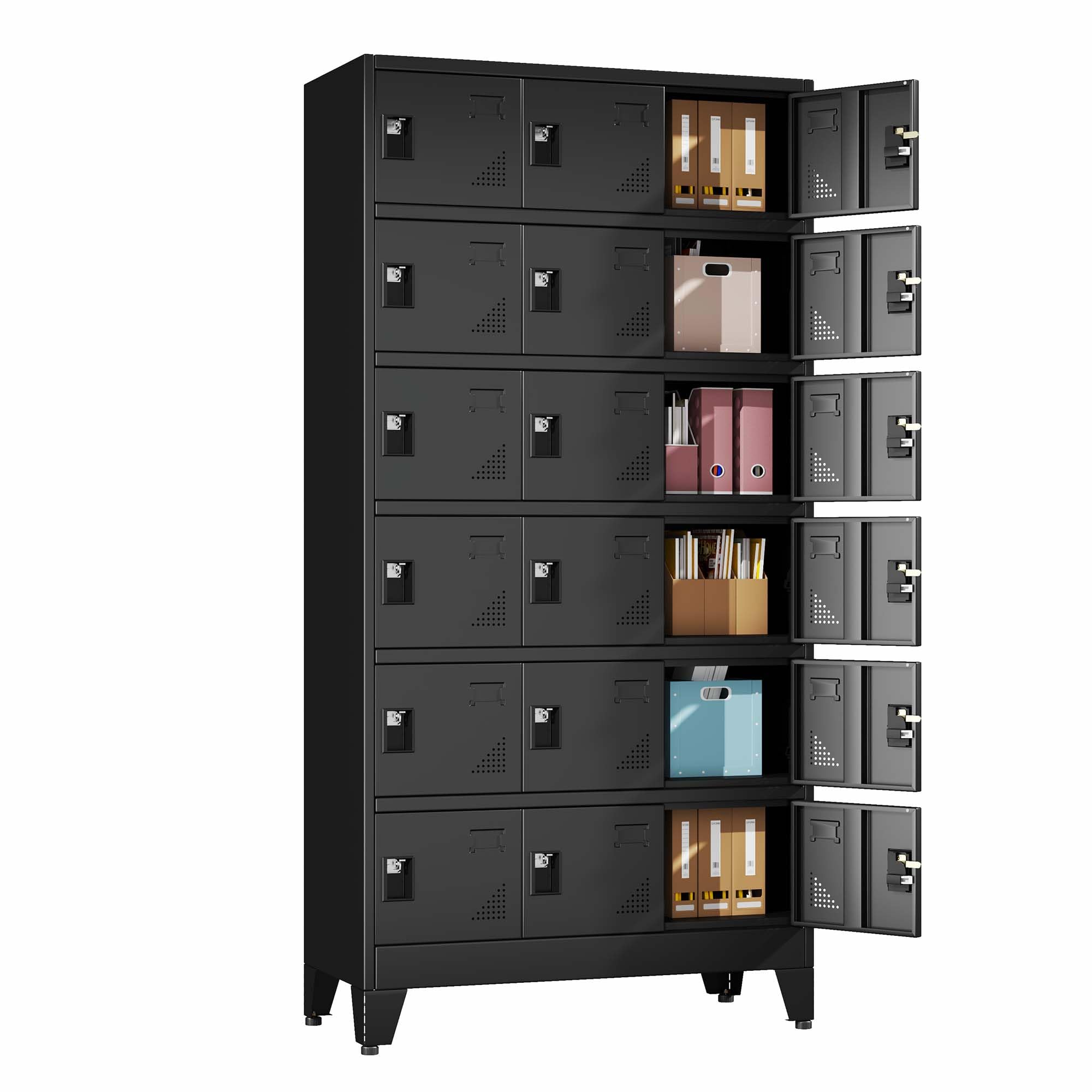 Metal Lockers for Employees, 18 Doors Black Steel Storage Locker Cabinet | Heavy
