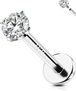OUFER 16G Sterling Silver 925 Cartilage Earring Internally Threaded Helix Stud Lip Labret Ring Clear 2/2.5/3 mm CZ Tragus Conch Lobe Flat Back Piercing Jewellery for Women 6/8/10 mm