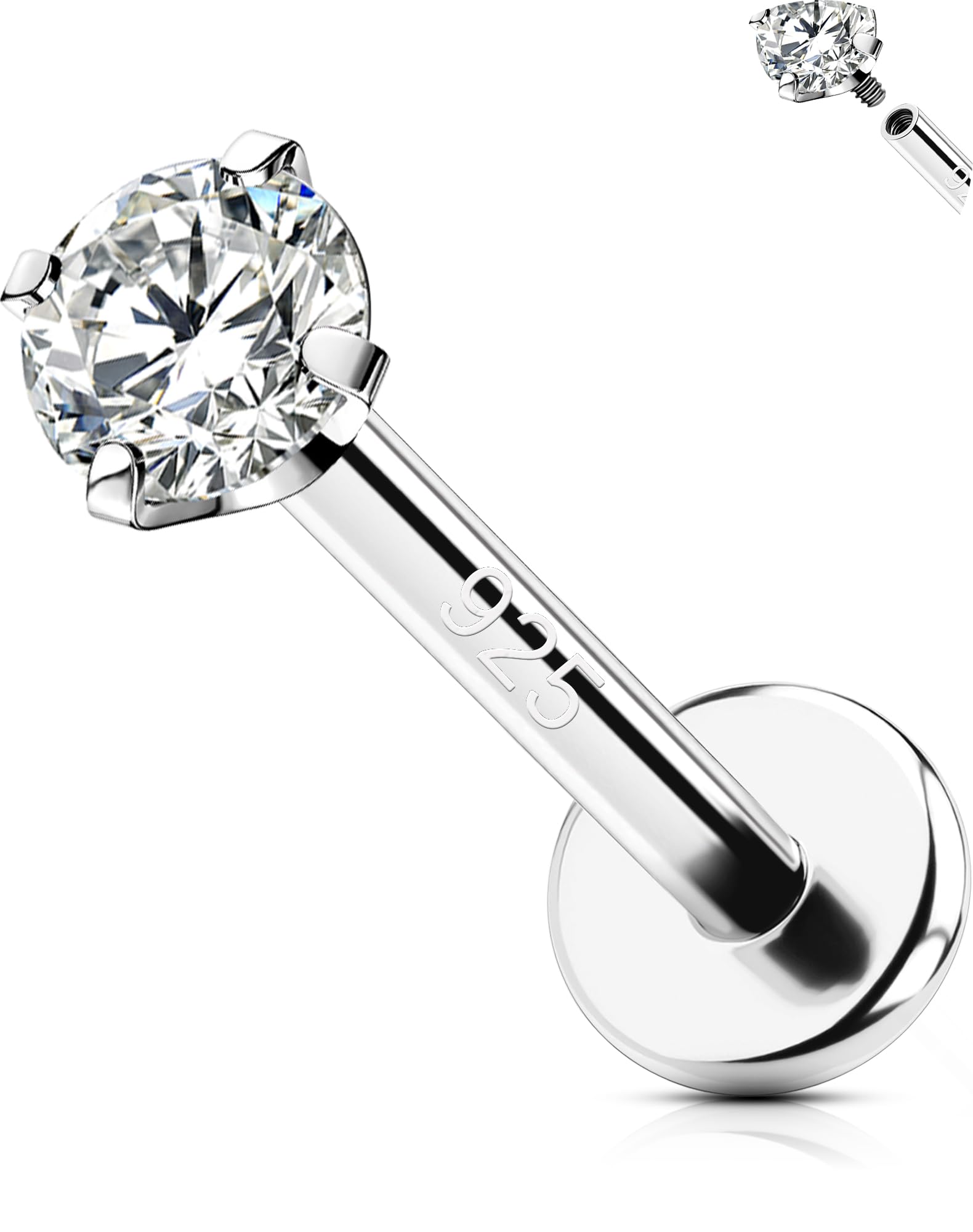 OUFER 16G Sterling Silver 925 Cartilage Earring Internally Threaded Helix Stud L