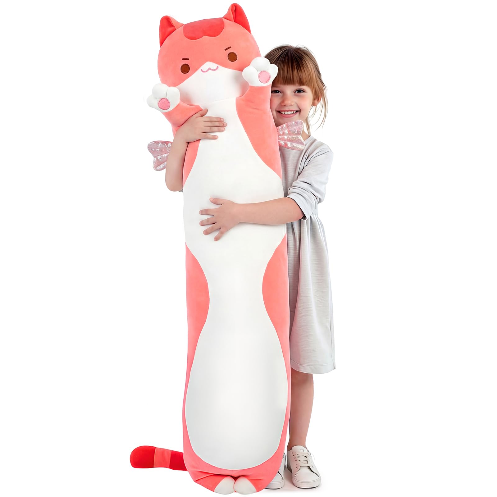 Mewaii Kids Body Pillow Pink Long Cat Plush 35 in, Extra Filling Soft Cute