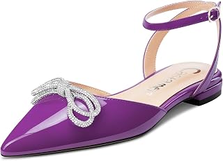 Castamere Women's Low Heel Pointed Toe Ankle Strap Flat Shoes Pumps Diamante Crystal Prom Party 1 CM Heels