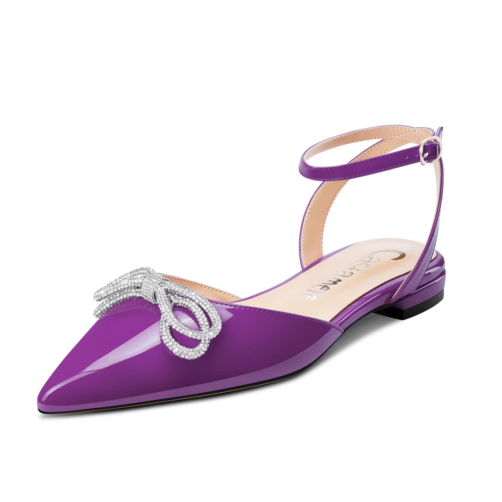 Castamere Women's Low Heel Pointed Toe Ankle Strap Flat Shoes Pumps Diamante Cry