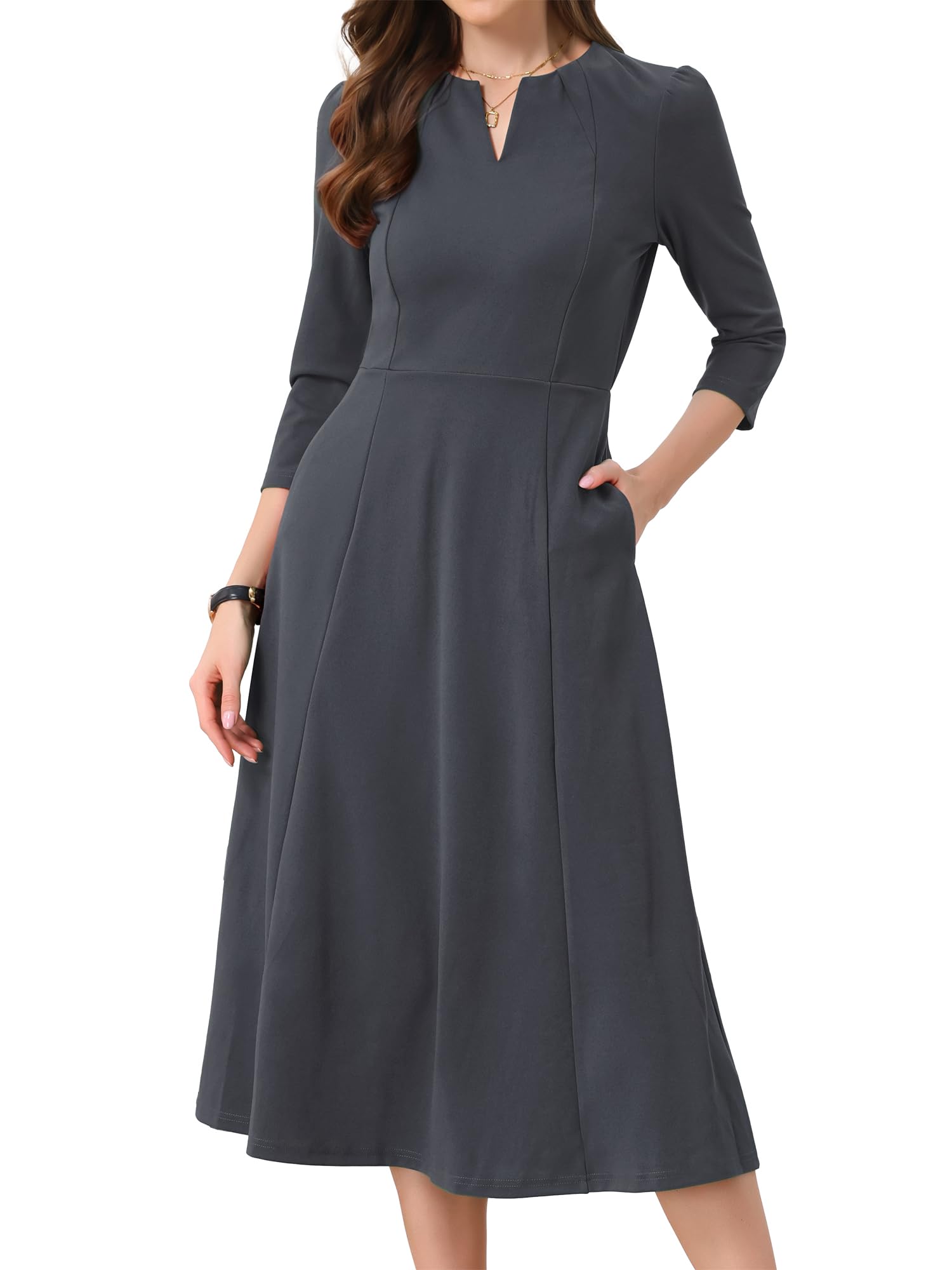 Allegra K Womens 3/4 Sleeve A-Line Business Work Formal Midi Dress