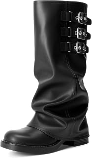 DREAM PAIRS Botas altas plegables hasta la rodilla, cómodas, de tacón bajo, pantorrilla ancha, holgadas, con hebilla, botas largas y altas para mujer