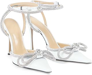 LauraVicci Women's Heeled Sandals Pointed Toe Crystal Embellished Bow Ankle Straps Rhinestone Buckle Stiletto Slip On Evening Dress Party Wedding Pumps Shoes