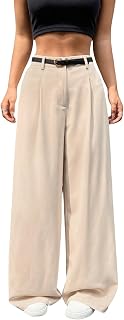 SweatyRocks Anzughose Damen Elegant Stoffhose Mit Gürtel Bundfaltenhose High Waist Freizeithose Wide Leg Hose Business Outfit Old Money Style