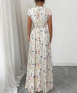 Women Bohemian Floral Maxi Dress V Neck Short Sleeve Smocked Waist Tie Back Long Flowy Dress Beach Wedding Vacation