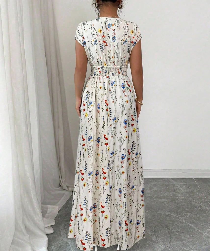 Women Bohemian Floral Maxi Dress V Neck Short Sleeve Smocked Waist Tie Back Long
