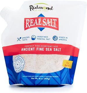Redmond Real Salt - Ancient Fine Sea Salt, Unrefined, 16 Oz Pouch (1 Pack) | Ancient fine sea salt, a pure sal de mar mined from unrefined mineral beds. Great fine salt for table salt & seasoning