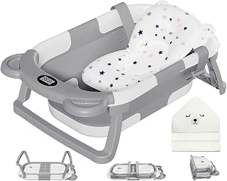 MoreFeel Collapsible Baby Bathtub for Newborn with Thermometer & 1 Hooded Towel & 1 Soft Floating Cushion,Portable Travel Bathtub with Drain Hole, Durable Foldable Baby Tubs for Infants to Toddler