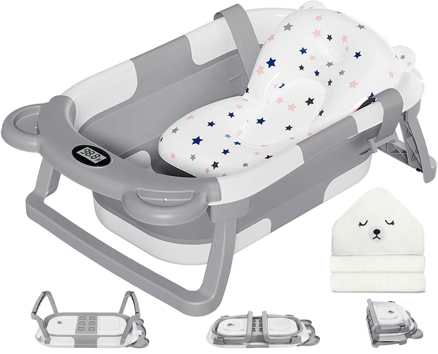 MoreFeel Collapsible Baby Bathtub for Newborn with Thermometer & 1 Hooded Towel 