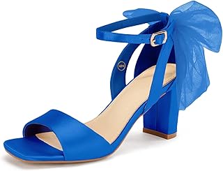 Coutgo Women Bowknot Heel Chunky Heel Satin Strap Ankle Buckle Wedding Shoes