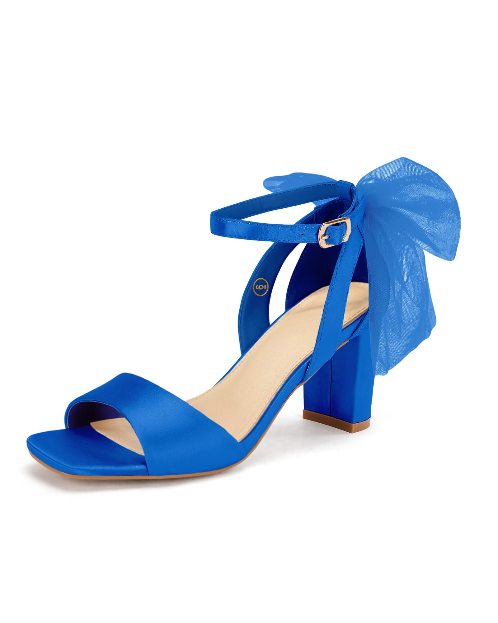 Coutgo Women Bowknot Heel Chunky Heel Satin Strap Ankle Buckle Wedding Shoes